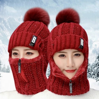 Strikket uldskihue til kvinder med integreret tørklæde - HatScarf™