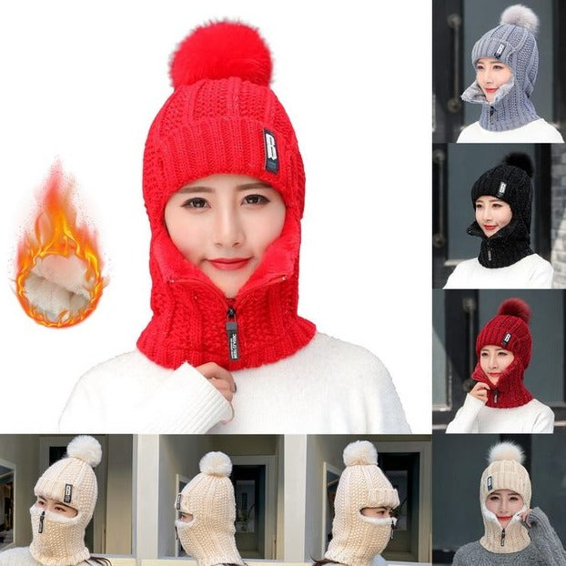 Strikket uldskihue til kvinder med integreret tørklæde - HatScarf™